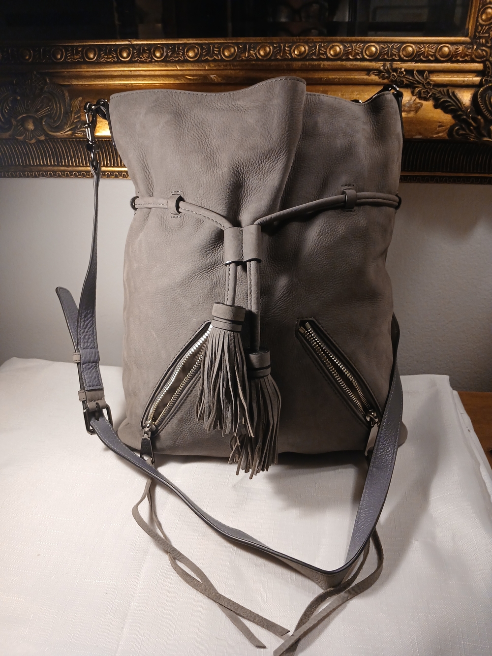 Rebecca Minkoff Taupe Leather Tassel Drawstring Messenger Bag
